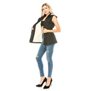 Sherpa Lined Fitted Adjustable Tunic Black Vest with Hood Parka Style Nylon NEW